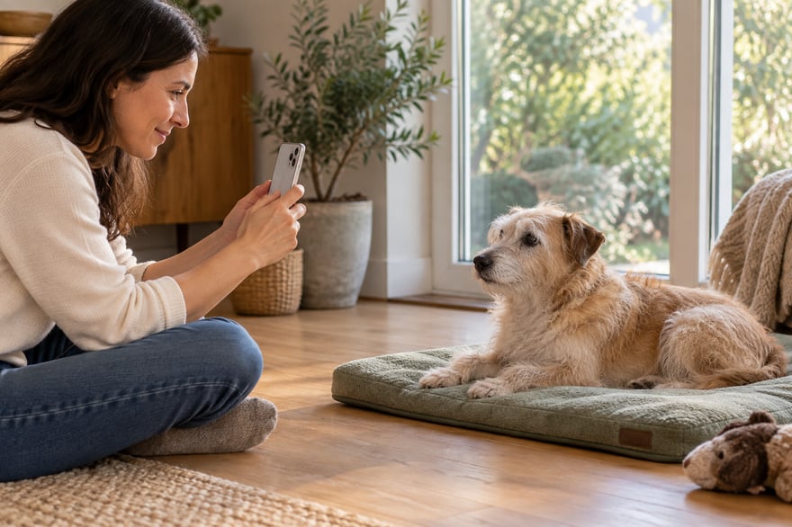 An owner sitting on the floor photographing an older cream-and-tan terrier resting on a sage mat