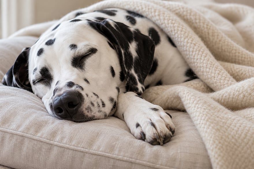 A close view of a sleeping Dalmatian's spotted face and one front paw, with a cream blanket covering the body behind it