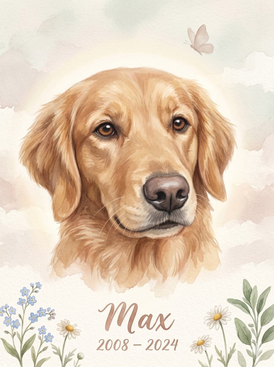 A soft, watercolor style memorial portrait of a dog