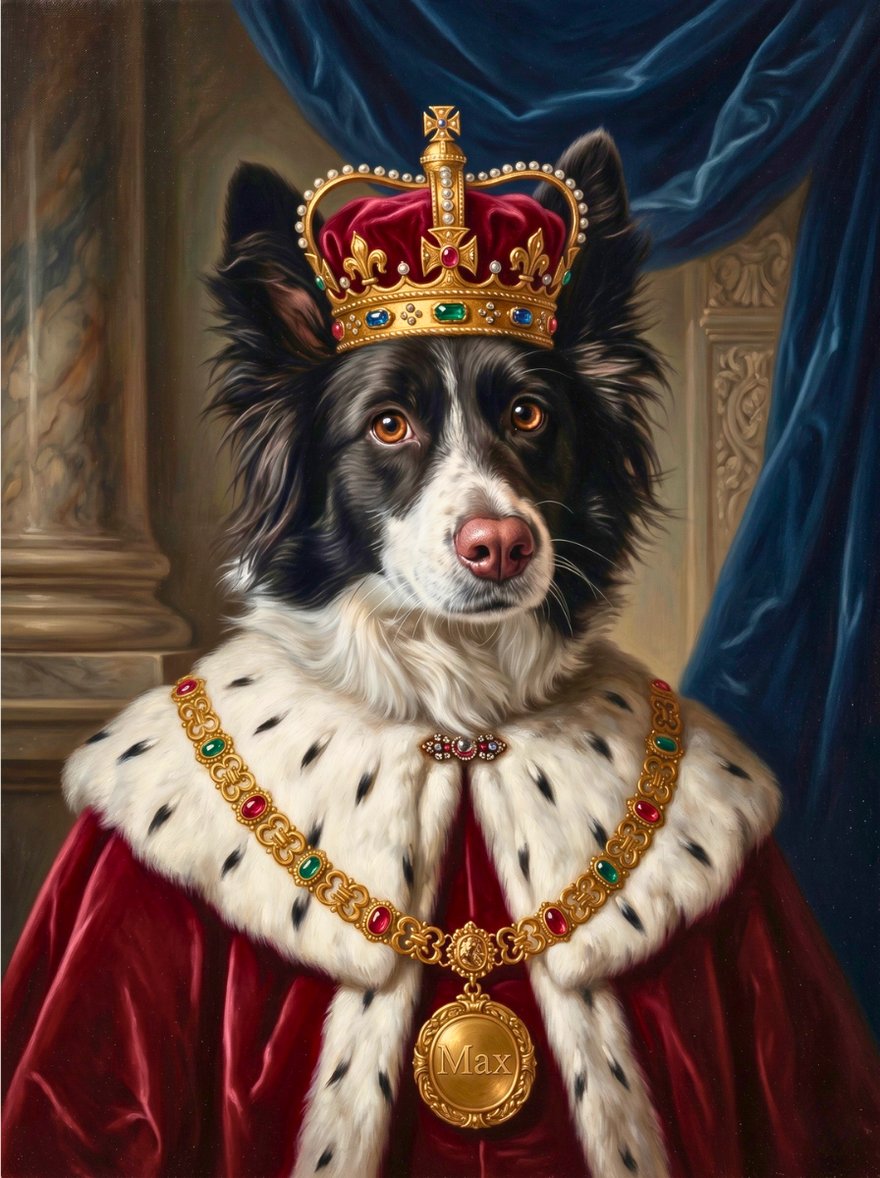 A bold, painterly dog portrait holding a statement wall